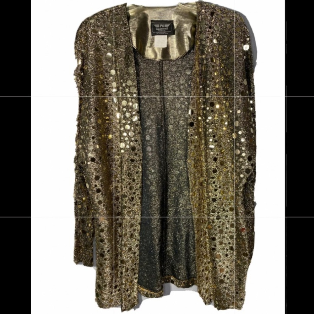 Vtg PG Collections Ginger Bort Gold Sequins Open Cardigan Festival Disco Retro